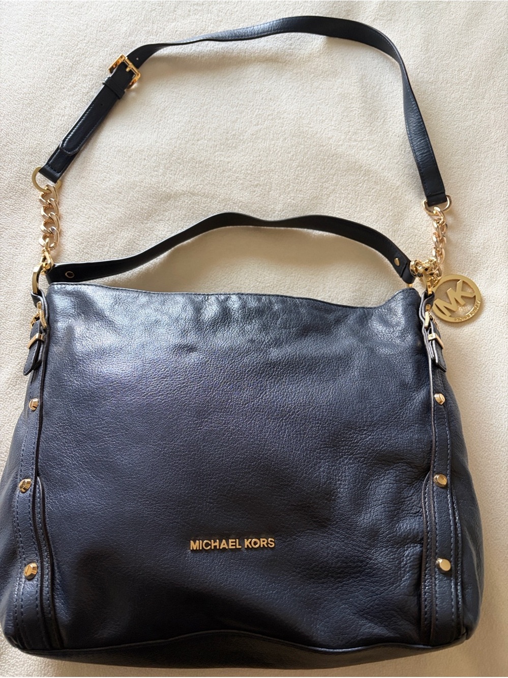 Michael Kors Black Leather Shoulder Bag with Gold Accents and MK Charm